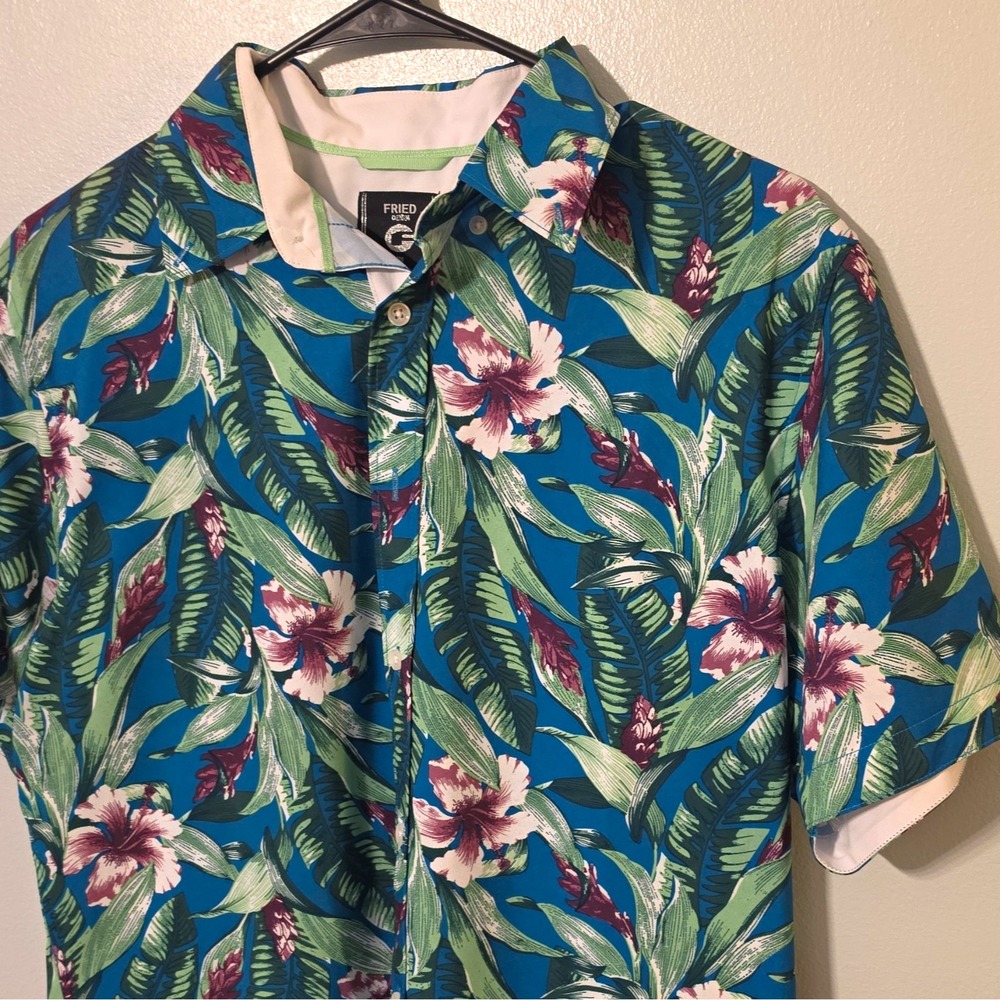 Fried Denim Men's Woven Slim Fit SS Button-Up Tropical Floral M Blue/Green #324
